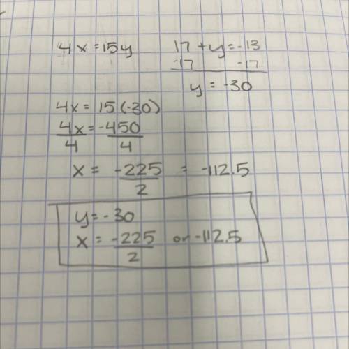 Solve the following system of equations. 4x = 15y 17 + y = -13