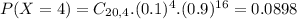 P(X = 4) = C_{20,4}.(0.1)^{4}.(0.9)^{16} = 0.0898