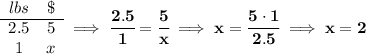\bf \begin{array}{ccll}&#10;lbs&\$\\&#10;\cline{1-2}&#10;2.5&5\\&#10;1&x&#10;\end{array}\implies \cfrac{2.5}{1}=\cfrac{5}{x}\implies x=\cfrac{5\cdot 1}{2.5}\implies x=2