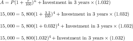 A=P(1+ \frac{r}{100})^n + \text{Investment in 3 years} \times (1.032)\\\\15,000=5,800 (1+ \frac{3.2}{100})^4 + \text{Investment in 3 years} \times (1.032)\\\\15,000=5,800 (1+ 0.032)^4 + \text{Investment in 3 years} \times (1.032)\\\\15,000=5,800 (1.032)^4 + \text{Investment in 3 years} \times (1.032)\\\\