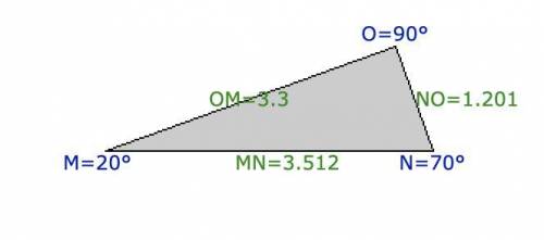In ΔMNO, the measure of ∠O=90°, the measure of ∠N=70°, and OM = 3.3 feet. Find the length of MN to t
