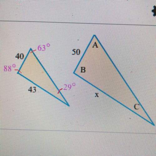 Given a pair of similar triangles, find the missing length x and the missing angles a, b, and c.