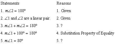 Provide the reasons for statements 3 and 5 in the proof. given: ∠1 and ∠2 form a linear pair;