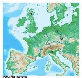 Which letter indicates the location of the north european plains?