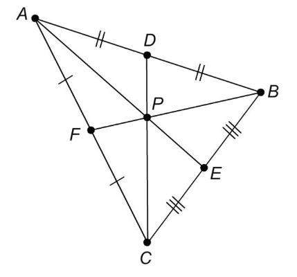 Pis the centroid of triangle abc. ae = 21, cd = 14, and bf = 11. what is the length of a