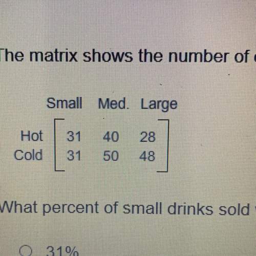 The matrix shows the number of different types of drinks sold at a store. small med. large