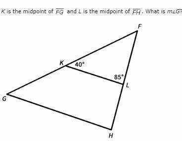 Kis the midpoint of and l is the midpoint of . what is m∠g?  20&lt;