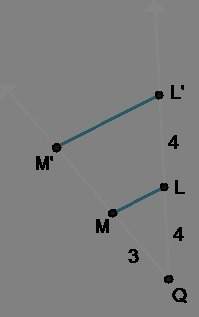 Line segment lm is dilated to create l'm' using point q as the center of dilation and a scale factor
