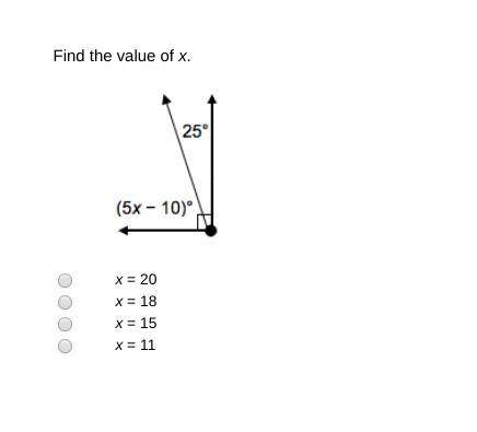 Find the value ox x:  a 20 b 18 c 15 d 11