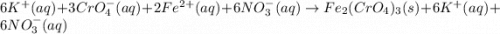 6K^+(aq)+3CrO_4^-(aq)+2Fe^{2+}(aq)+6NO_3^-(aq)\rightarrow Fe_2(CrO_4)_3(s)+6K^+(aq)+6NO_3^-(aq)