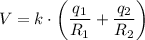 V = k \cdot \left( \dfrac{q_1}{R_1} + \dfrac{q_2}{R_2} \right )