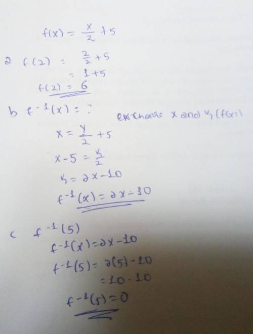 Given that f(x) = x/2 +5,
a) Find f(2)
b) Find f^-1(x)
c) Find f^-1(5)