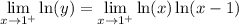 \displaystyle \lim_{x\to 1^+}\ln(y)=\lim_{x\to 1^+}\ln(x)\ln(x-1)