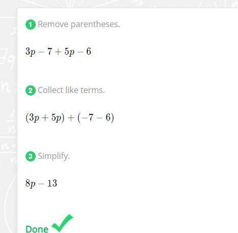 Find the Sum.
(3p-7)+(5p-6)