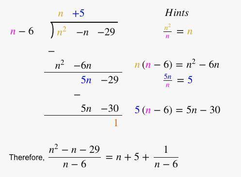 How do you divide (n^2-n-29)/(n-6) ??