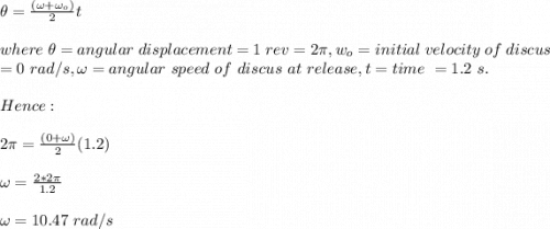 \theta=\frac{(\omega+\omega_o)}{2}t\\\\where \ \theta=angular\ displacement=1\ rev =2\pi, w_o=initial\ velocity\ of\ discus\\=0\ rad/s, \omega=angular\ speed\ of\ discus\ at\ release,t=time\ = 1.2\ s.\\\\Hence:\\\\2\pi=\frac{(0+\omega)}{2}(1.2)\\\\\omega=\frac{2*2\pi}{1.2}  \\\\\omega=10.47\ rad/s\\