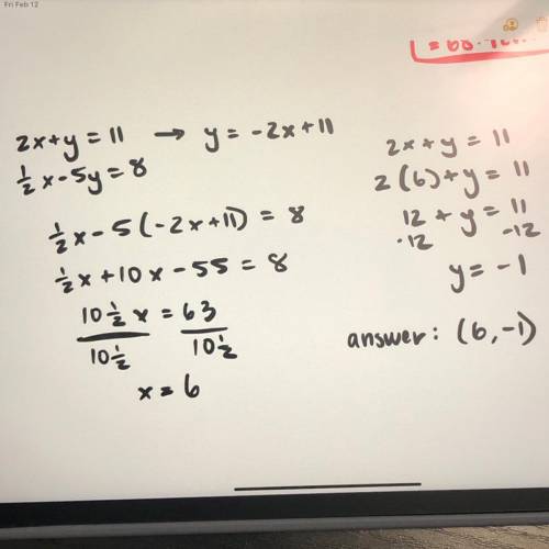 What is the solution to the system of equations?

2x+y=11
1/2x-5y=8
please help!!!
