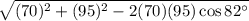 \sqrt{(70)^2+(95)^2-2(70)(95)\cos 82^{\circ}}