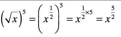 Rewrite the following radical expression in rational exponent form.

(√x)^5
А. x2/5
B. x5/2
C. x^2/x
