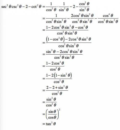 Prove that sec^2θcosec*2θ-2-cot^2θ=tan2θ