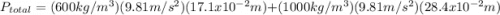 P_{total}=(600 kg/m^{3})(9.81 m/s^{2})(17.1x10^{-2}m)+(1000 kg/m^{3}) (9.81 m/s^{2})(28.4x10^{-2}m)