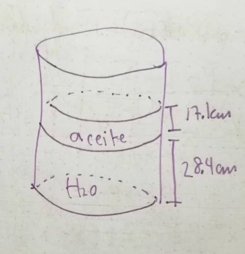 Un recipiente contiene una capa de aceite (densidad 600 kg/m³) de 17.1 cm, sobre otra de agua (densi