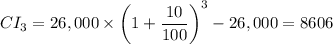 CI_3 = 26,000 \times \left ( 1 + \dfrac{10}{100} \right ) ^{3} - 26,000= 8606