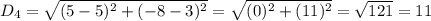D_4 = \sqrt{(5 -5)^2 + (-8 -3)^2}= \sqrt{(0)^2 + (11)^2} = \sqrt{121} = 11