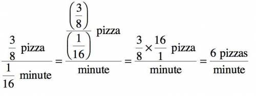Adam can eat

3/8 of a pizza in 1/16 of a minute. Compute the unit rate by setting up a complex frac