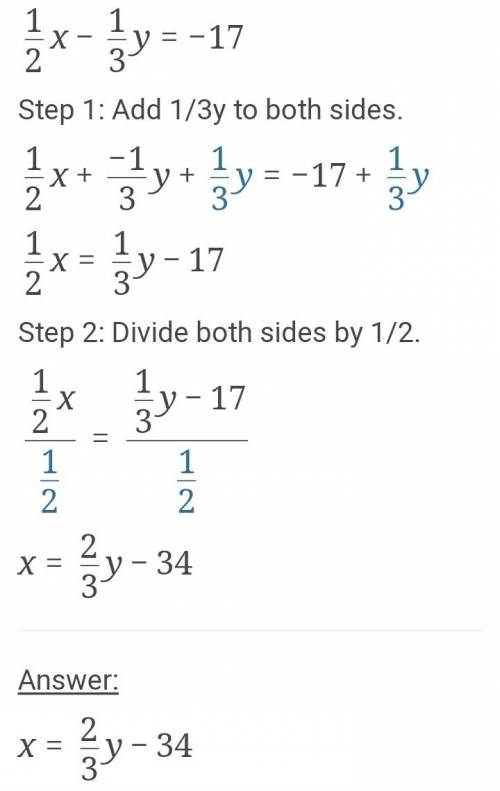 Solve the following system of equations 3x-1/5y=3/5  1/2x-1/3y=-17
