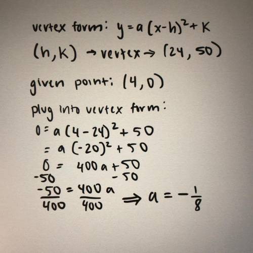 Write the vertex form by substituting in values for x, y, h, and k, and then solve for a. Show your