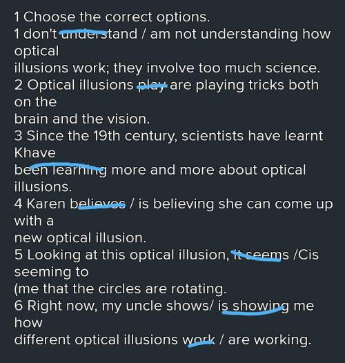 1 Choose the correct options.

1 don't understand / am not understanding how optical
illusions work;