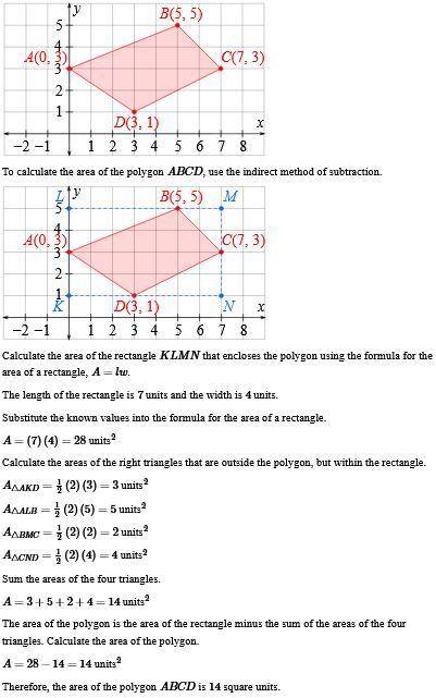 Identify the area of the polygon that has vertices A(0,3), B(5,5), C(7,3), and D(3,1)
