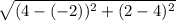 \sqrt{(4-(-2))^{2} + (2-4)^{2}