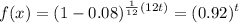 \displaystyle f(x)=(1-0.08)^{\frac{1}{12}(12t)}=(0.92)^t