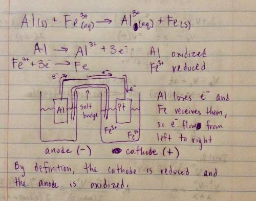 Galvanic cell runs on the following reaction:  al (s) + fe3+ (aq) → al3+ (aq) + fe (s) draw a diagra