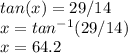 tan(x)=29/14\\x = tan^{-1} (29/14)\\x = 64.2