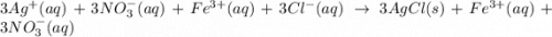 3Ag^+(aq)+3NO_3^-(aq)+Fe^{3+}(aq)+3Cl^-(aq)\rightarrow 3AgCl(s)+Fe^{3+}(aq)+3NO_3^-(aq)