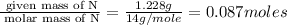 \frac{\text{ given mass of N}}{\text{ molar mass of N}}= \frac{1.228g}{14g/mole}=0.087moles