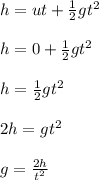 h = ut + \frac{1}{2} gt^2\\\\h = 0 + \frac{1}{2} gt^2\\\\h = \frac{1}{2} gt^2\\\\2h = gt^2\\\\g = \frac{2h}{t^2}