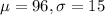 \mu = 96, \sigma = 15