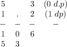 \begin{array}{ccccc} {5} & {} & {3} &{(0\ d.p)} &{}& {1} & {.} & {2} & {(1\ dp)}&{}& {-} & {-} & {-} & {-}&{} & {1 } & {0} & {6} & { }& { } & {5} & {3} & { }\ \end{array}