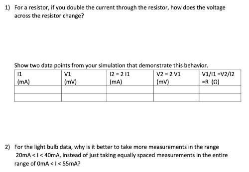 Show two data points from your simulation that demonstrate this behavior.

I1 V1 I2= 2I1 V2=2V1 V1/