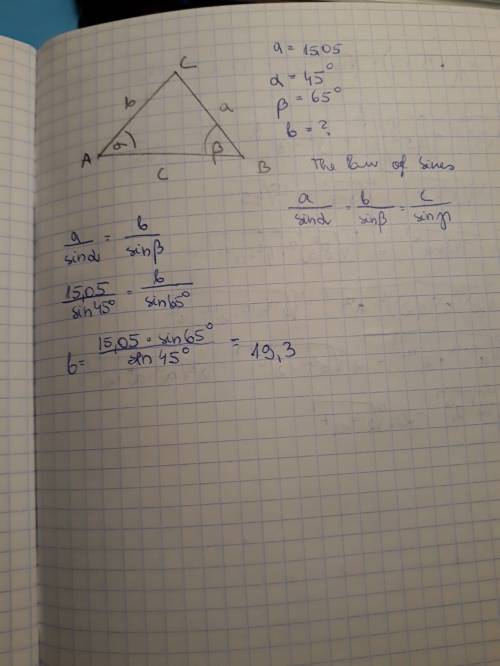 In triangle abc, m a = 45 m b =65 and a = 15.05. use the law of sines to find b. round your answer t