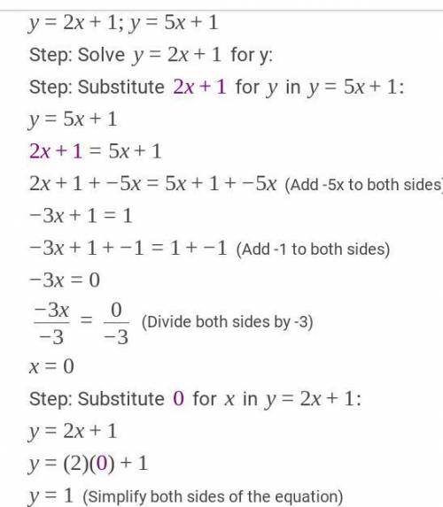Solve the following system of linear equations using substitution:
y=2x+1
y=5x+1