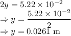 2y=5.22\times 10^{-2}\\\Rightarrow y=\dfrac{5.22\times 10^{-2}}{2}\\\Rightarrow y=0.0261\ \text{m}