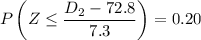 $P\left(Z \leq \frac{D_2-72.8}{7.3}\right) = 0.20$