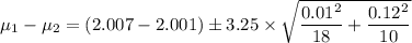 \mu_1 - \mu_2 = \left (2.007- 2.001  \right )\pm 3.25 \times \sqrt{\dfrac{0.01^{2}}{18}+\dfrac{0.12^{2}}{10}}