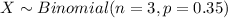 X \sim Binomial (n = 3,p= 0.35)