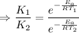 $\Rightarrow \frac{K_1}{K_2}= \frac{e^{-\frac{E_a}{RT_1}}}{e^{-\frac{E_a}{RT_2}}} $